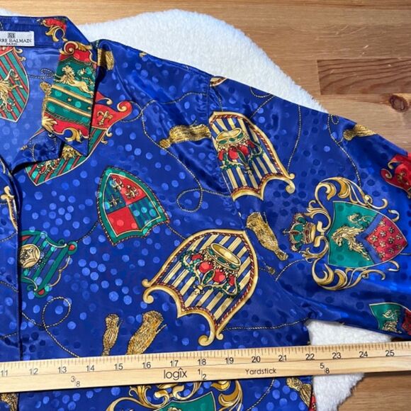 VTG Pierre Balmain Paris Royal Blue Printed Silk ButtonDown Long Sleeve Top Sz 3 - Picture 8 of 9